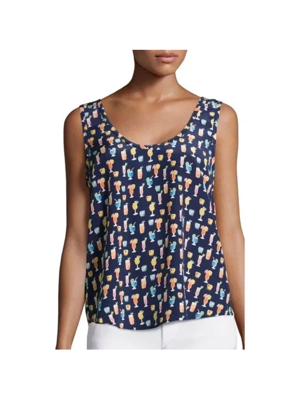 JOIE Loyte Navy Sleeveless 100% Silk Tank Top with Multicolor Cocktail Print S